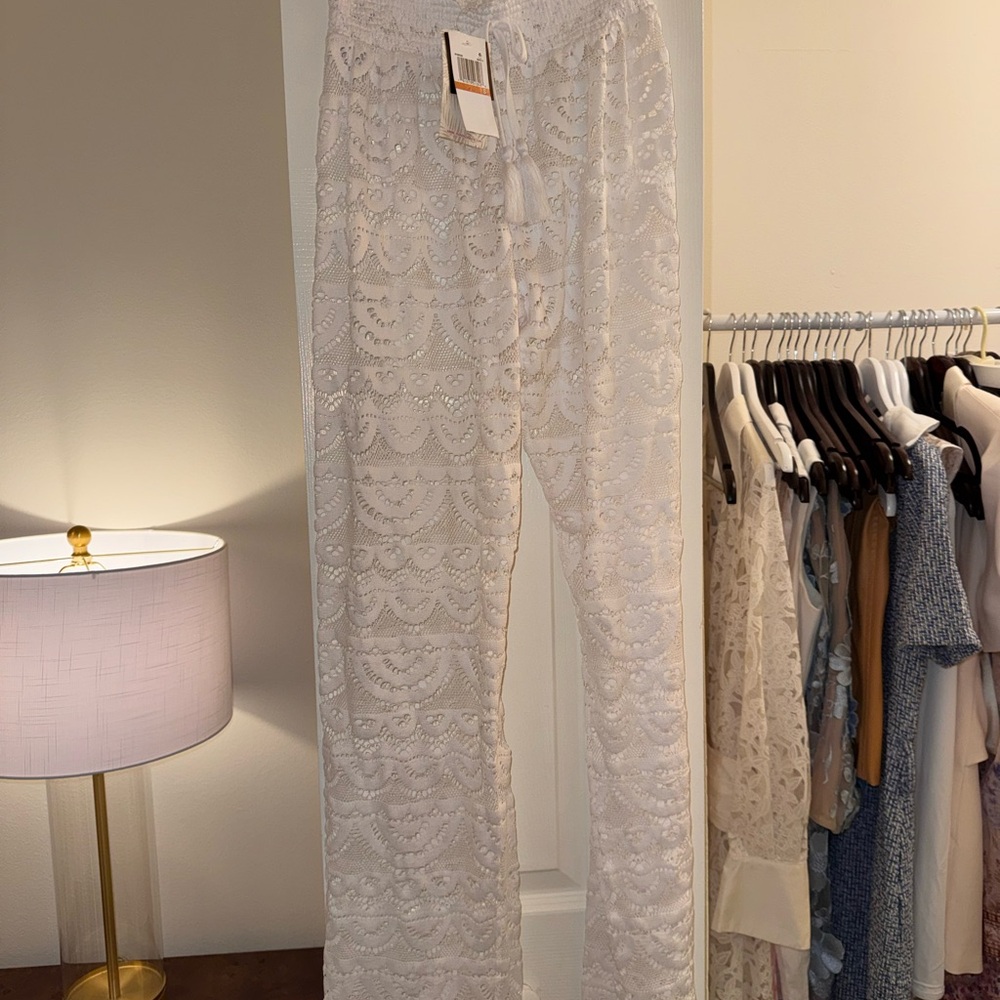 White Lace Overlay Wide-Leg Pants